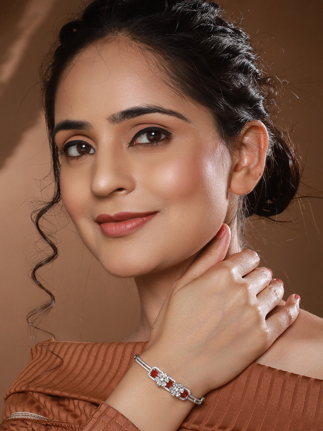 Silver Plated Ruby Red Delicate Luxe Floral Cuff Bangle Bracelet